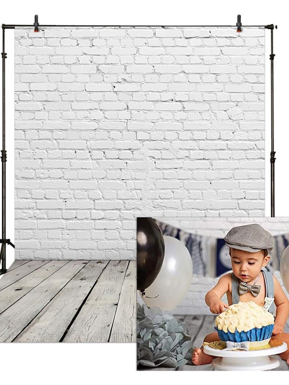 Fabric 5x7FT White Brick Wall with Wooden Floor Photography Backdrop Photo Backg